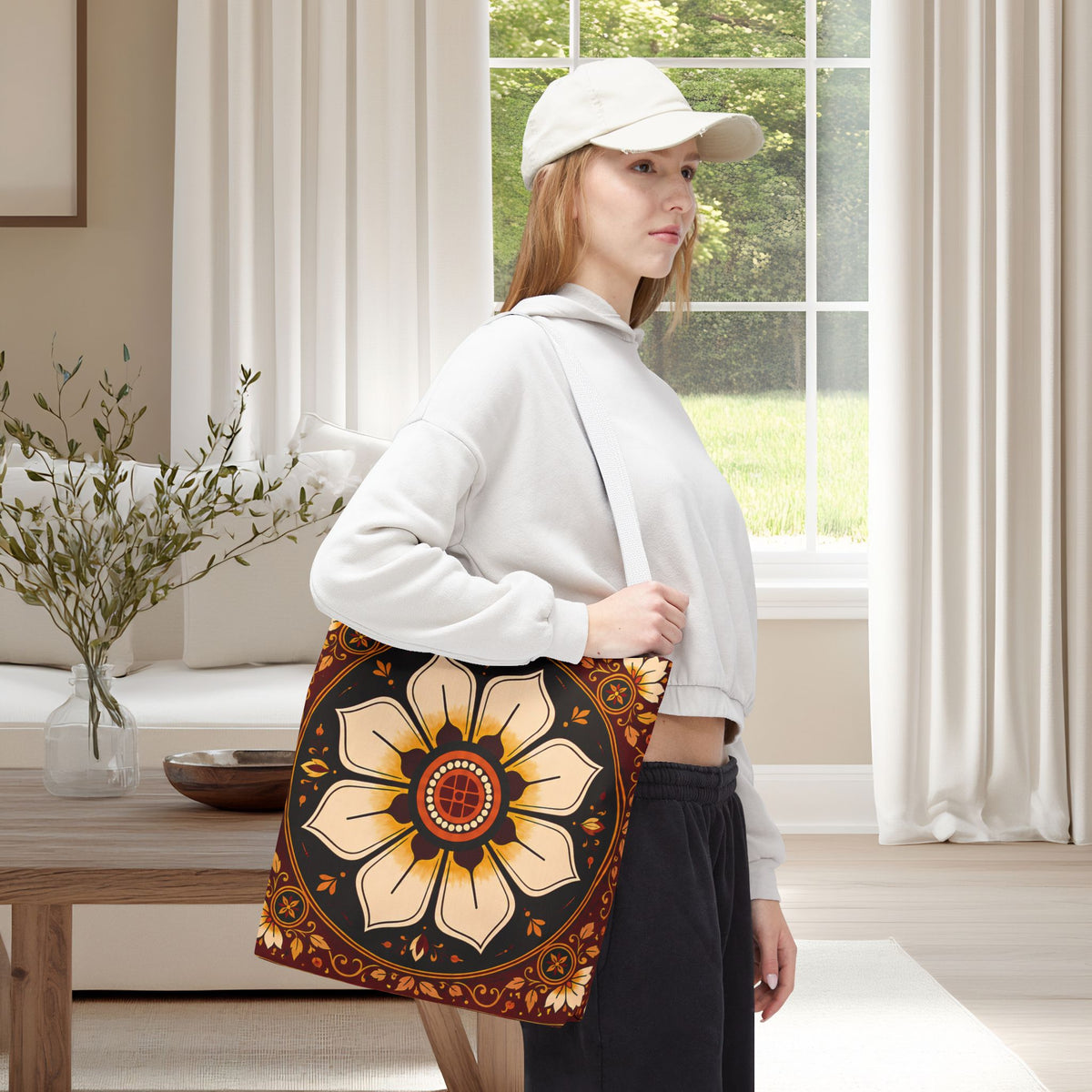 Sri Lankan Floral Tote Bag  Cream & Burgundy Gift Bag