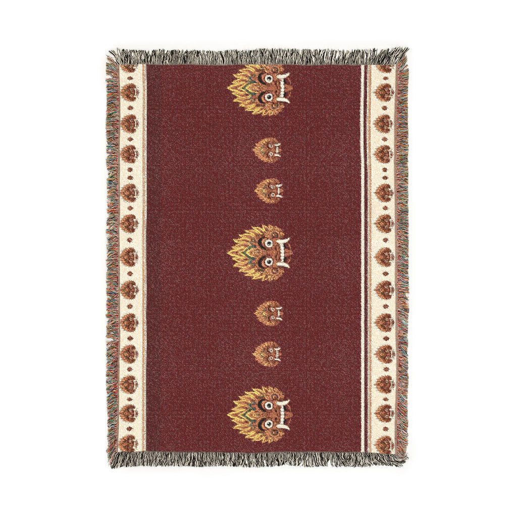 Raksha Mask Woven Throw Blanket Sri Lankan Devil Dance Heritage Fringe Blanket