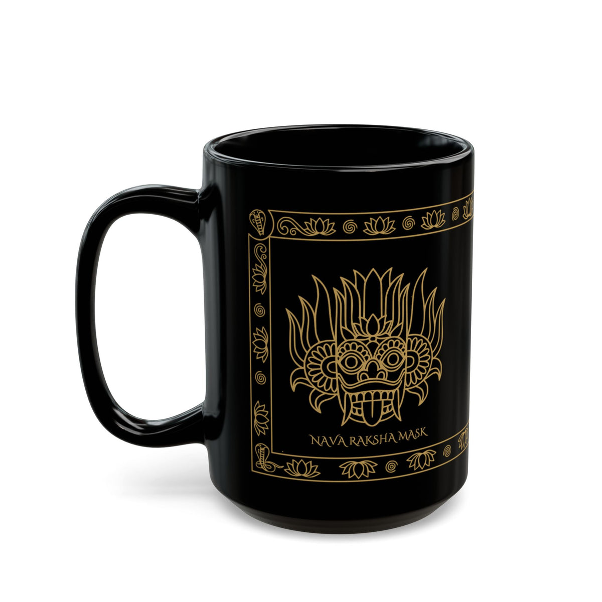 Nava Raksha Mask Black Mug Gold Sri Lankan Folk Art Coffee Cup