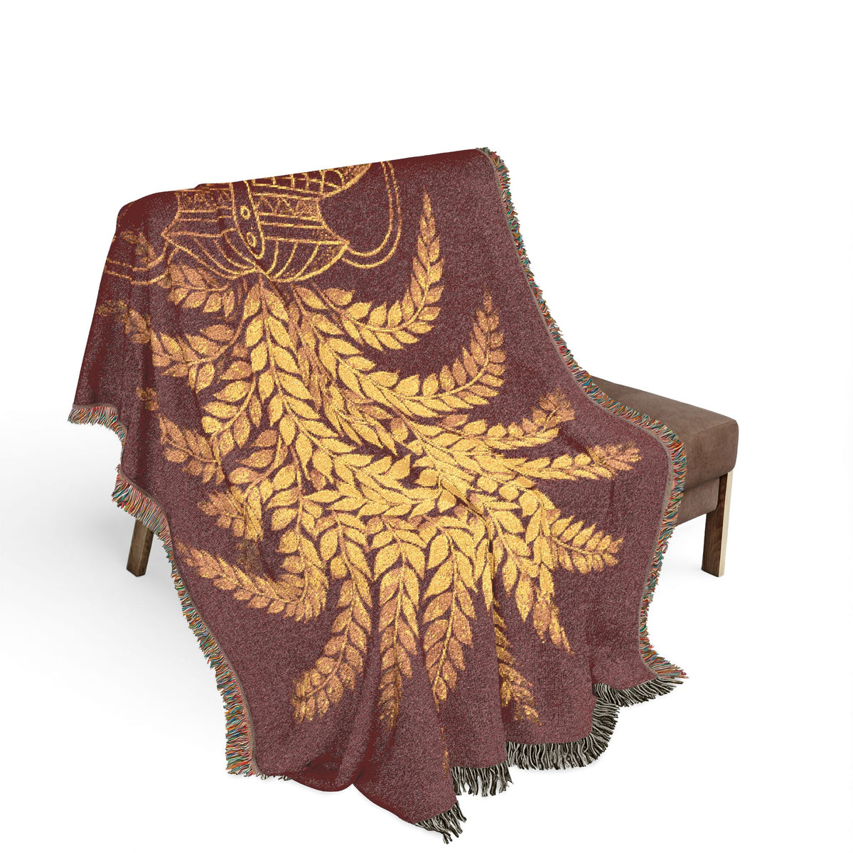 Punkalasa Woven Throw Blanket Sri Lankan Heritage Burgundy Gold Cotton Fringe Blanket