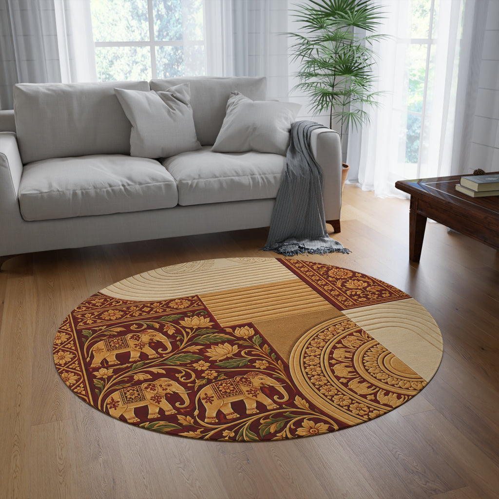 Sri Lankan Elephant & Lotus Round Rug | Heritage Gold