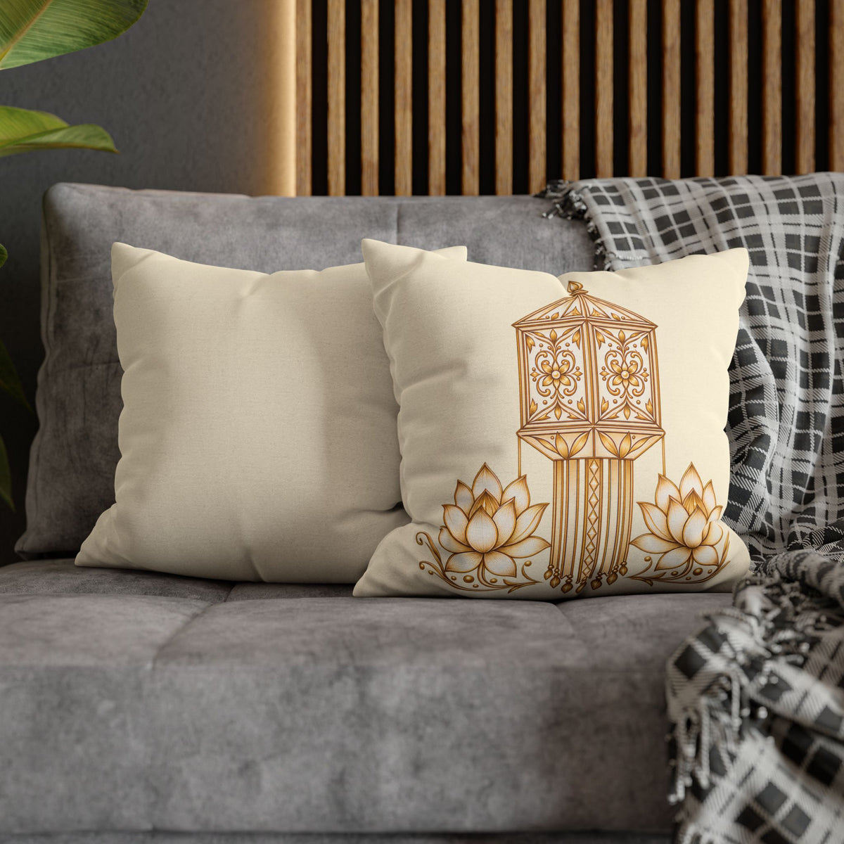 Lotus & Lantern Cushion Cover – Sri Lankan Gift Pillowcase