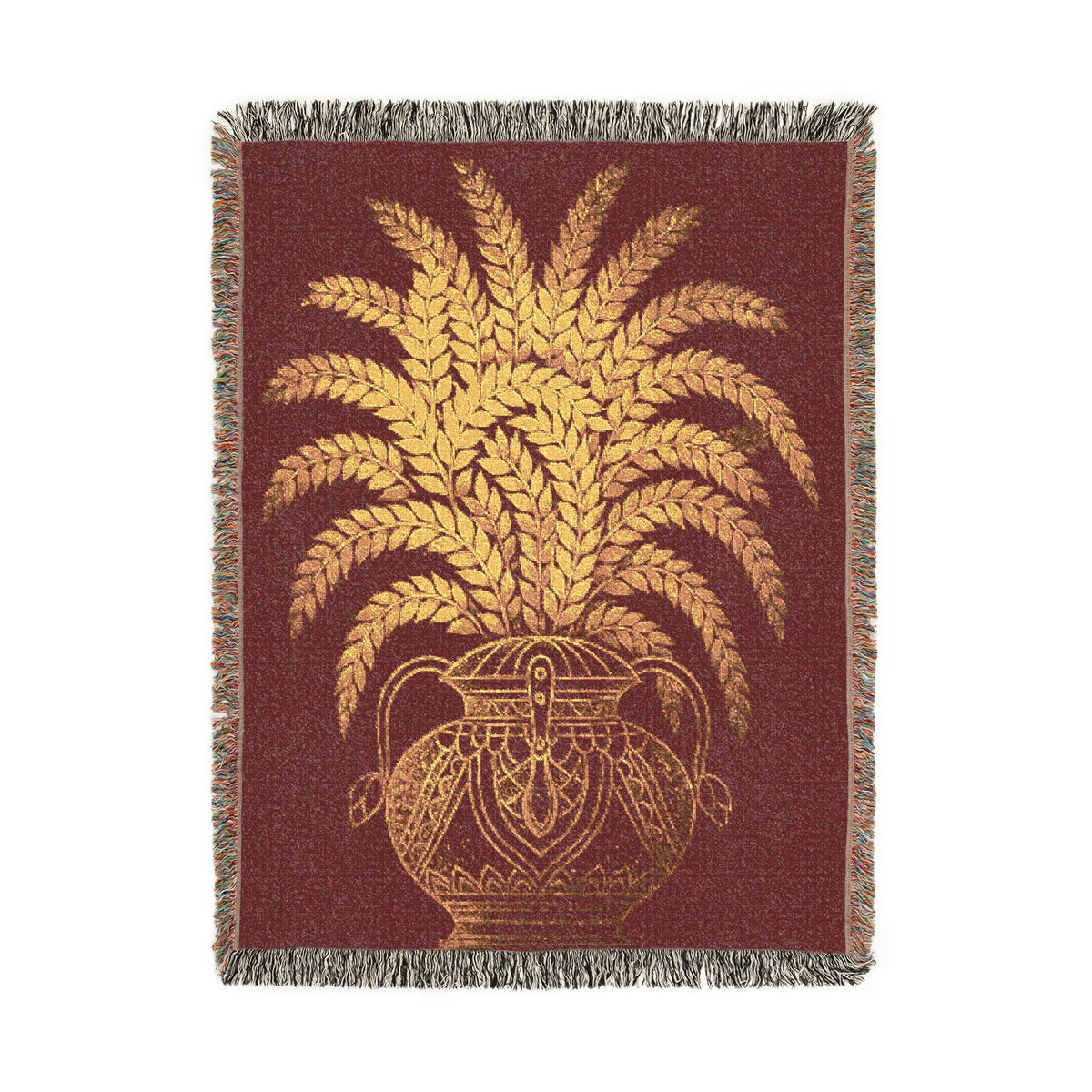 Punkalasa Woven Throw Blanket Sri Lankan Heritage Burgundy Gold Cotton Fringe Blanket