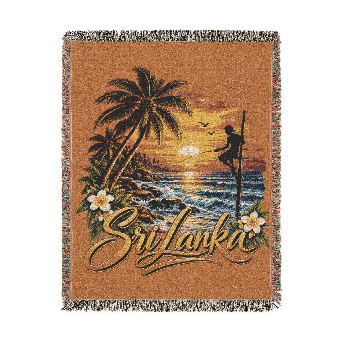 Sri Lanka Woven Cotton Blanket Stilt Fisherman Sunset