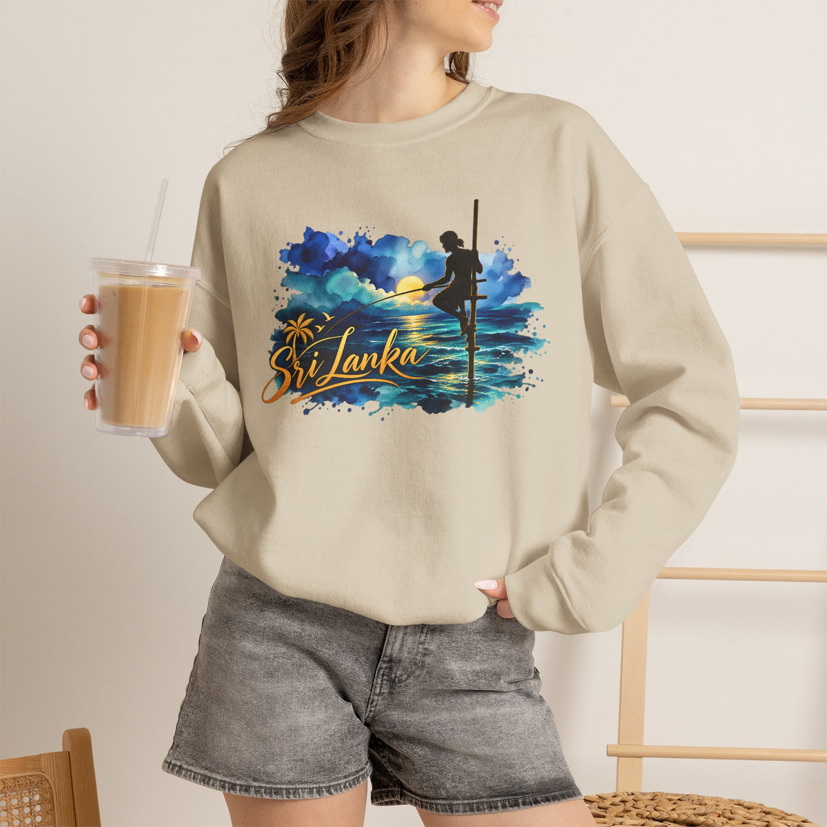 Sri Lanka Surf Crewneck Sweatshirt - Watercolor Stilt Fisherman Graphic