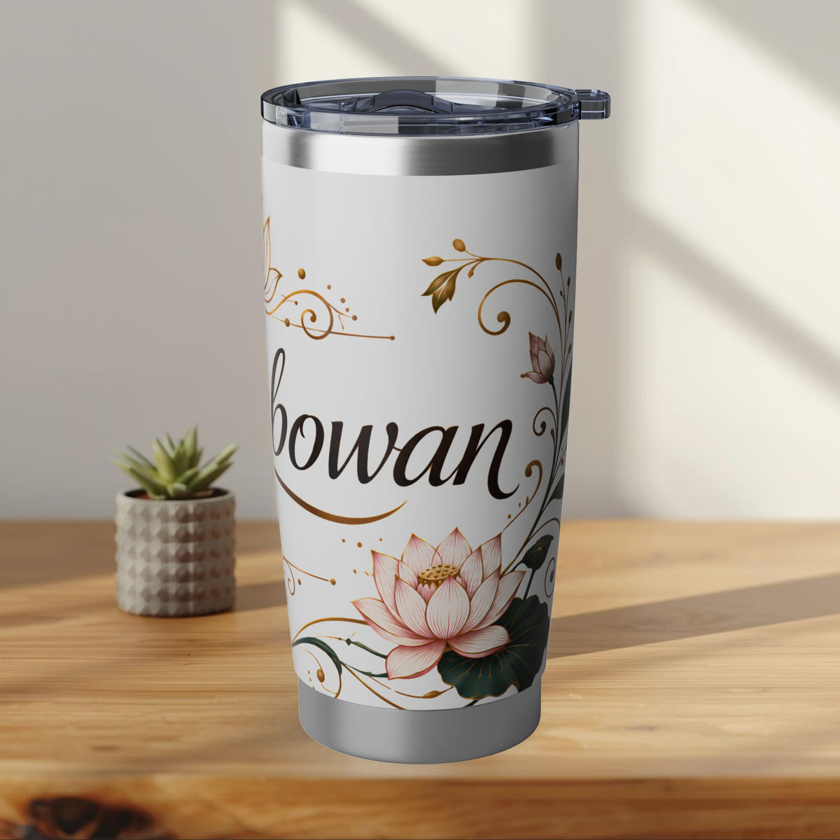 Ayubowan Sri Lankan Welcome Tumbler Gold Lotus Filigree 20oz Stainless Steel Travel Mug