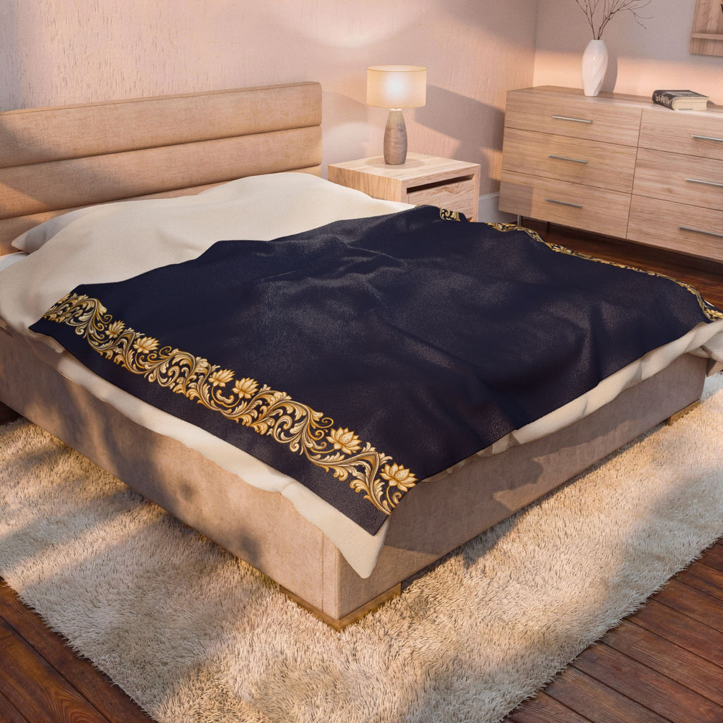 Navy & Gold Floral Border Velveteen Plush Blanket