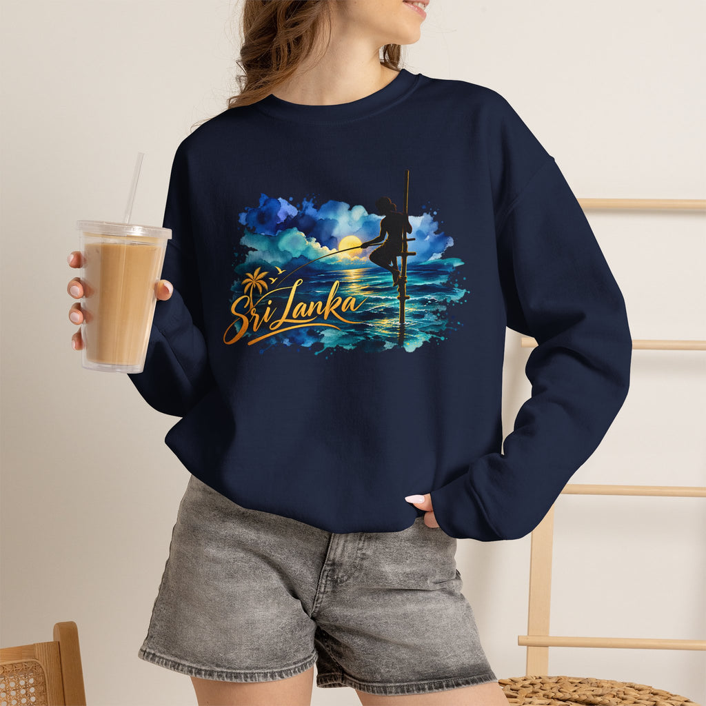 Sri Lanka Surf Crewneck Sweatshirt - Watercolor Stilt Fisherman Graphic
