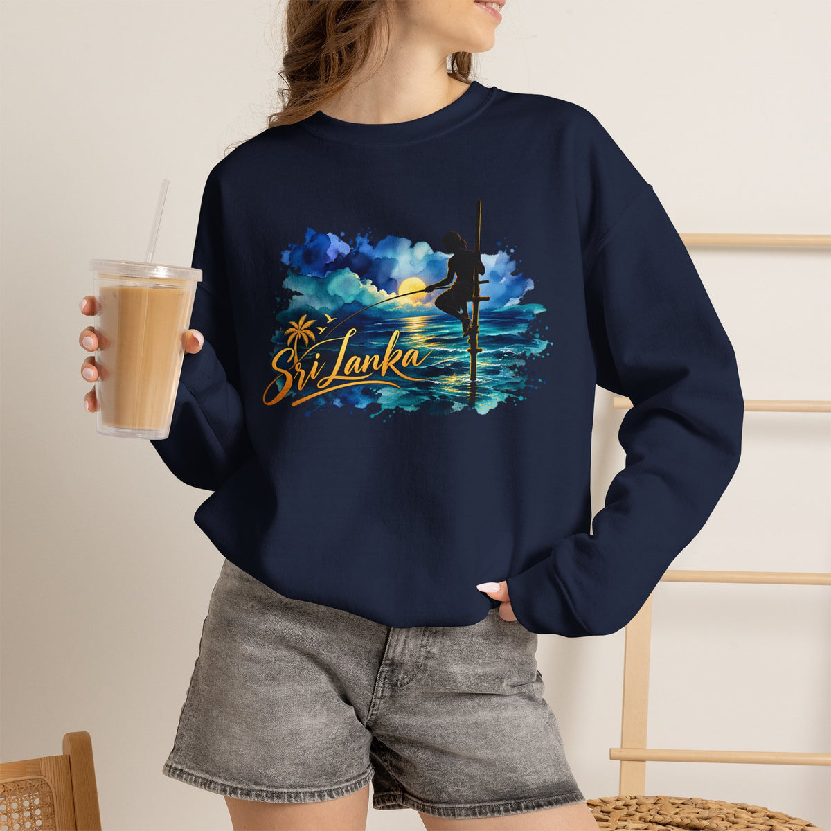 Sri Lanka Surf Crewneck Sweatshirt - Watercolor Stilt Fisherman Graphic