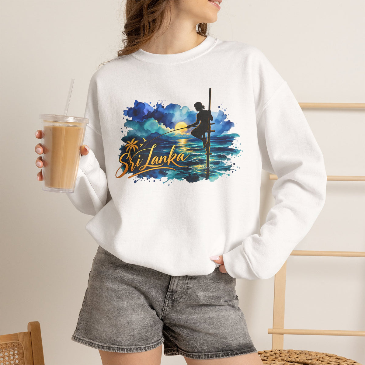 Sri Lanka Surf Crewneck Sweatshirt - Watercolor Stilt Fisherman Graphic