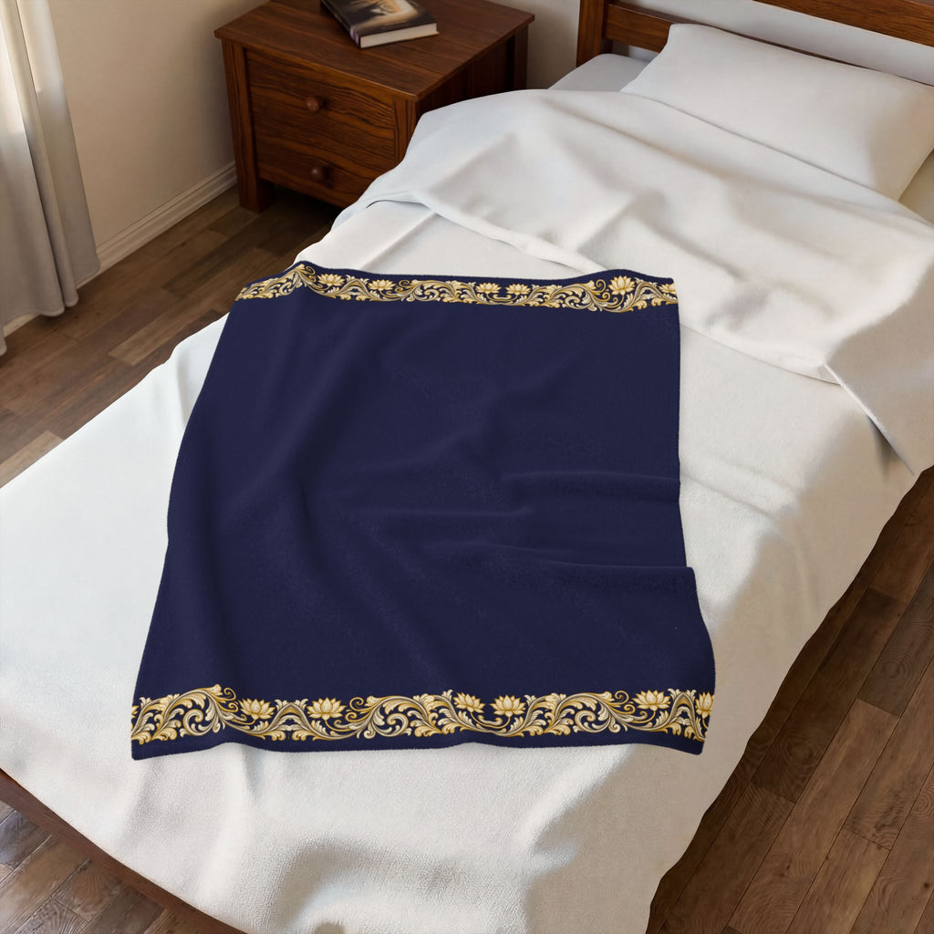 Navy & Gold Floral Border Velveteen Plush Blanket