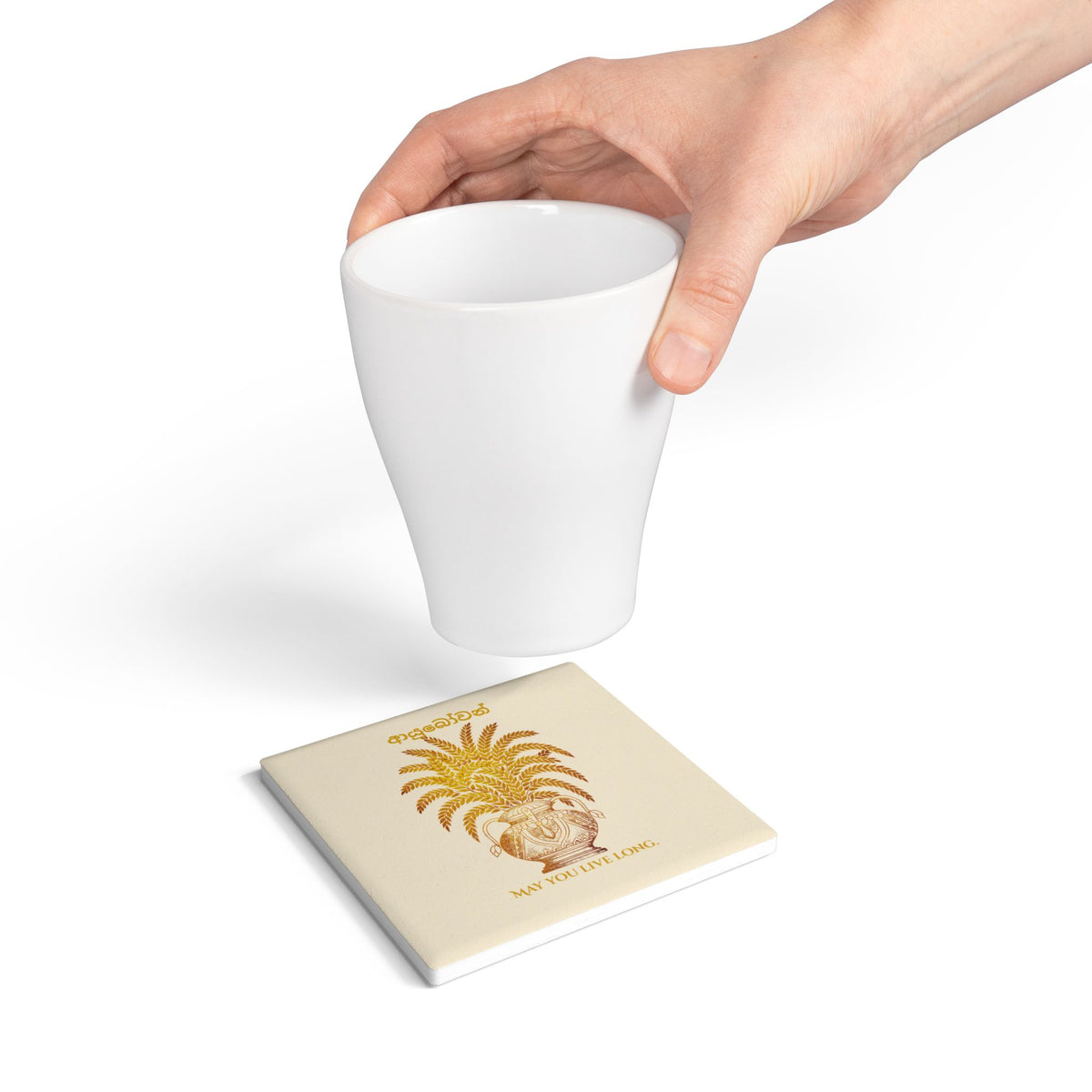 Ayubowan Punkalasa Round Ceramic Coaster Sri Lankan Gold Blessing May You Live Long Drink Coaster