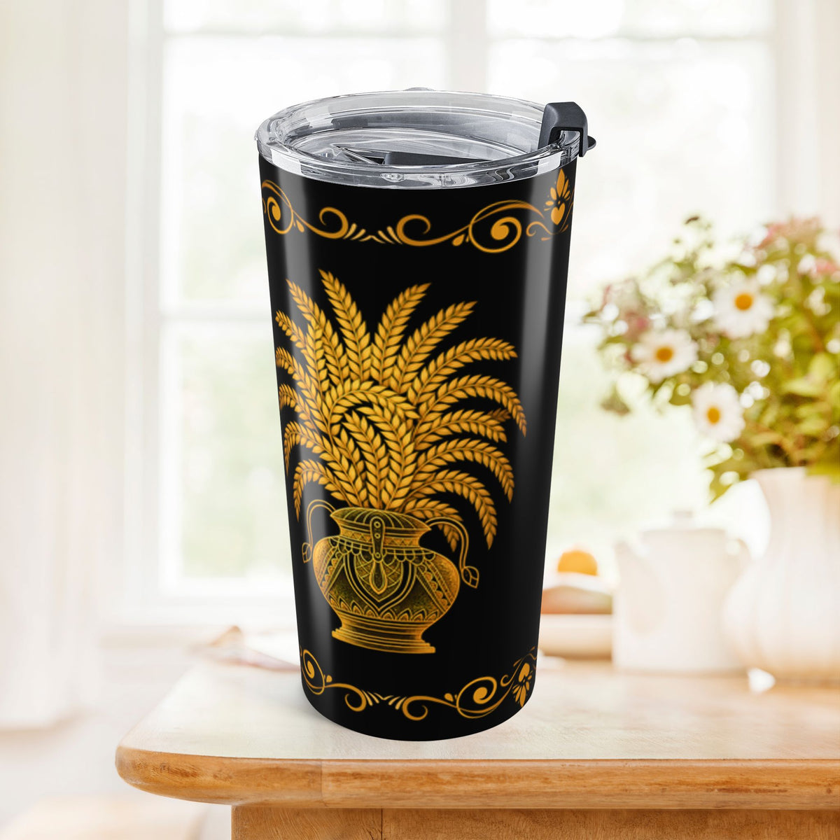 Ayubowan Punkalasa Travel Tumbler Sri Lankan Gold Blessing Black 20oz Stainless Steel Cup