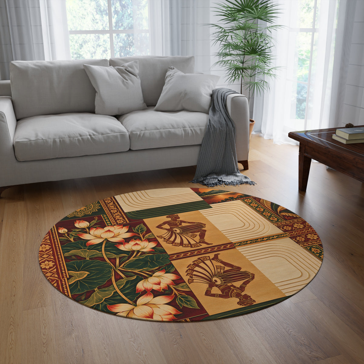 Sri Lankan Lotus & Traditional Drummer Round Rug