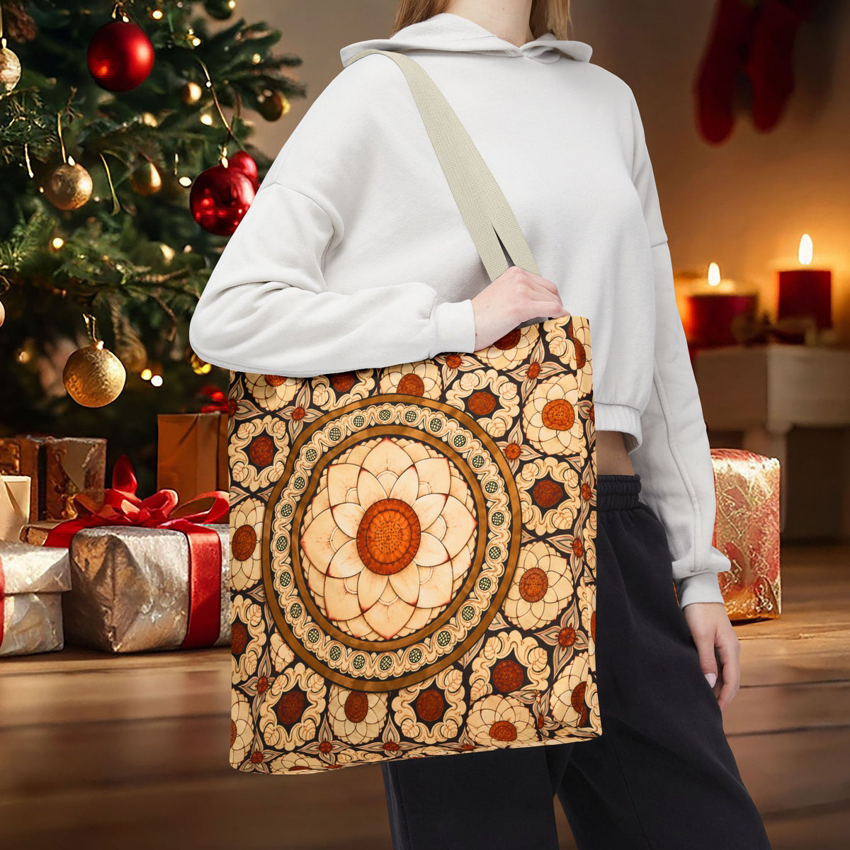 Sri Lankan Floral Mandala Tote Bag Cream & Terracotta