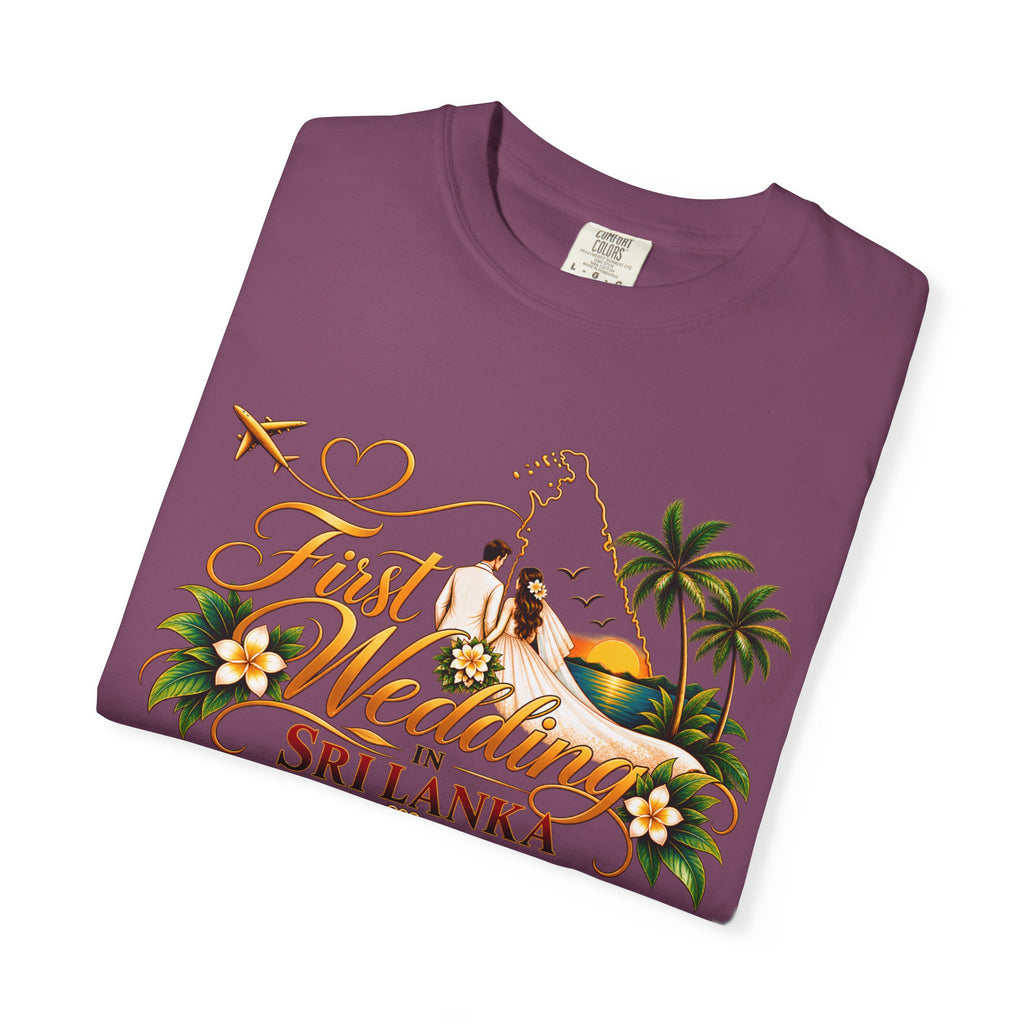 Sri Lanka Destination Wedding T-Shirt — "First Wedding Sri Lanka" Couple Tee (Roshini & Rohan 2026)