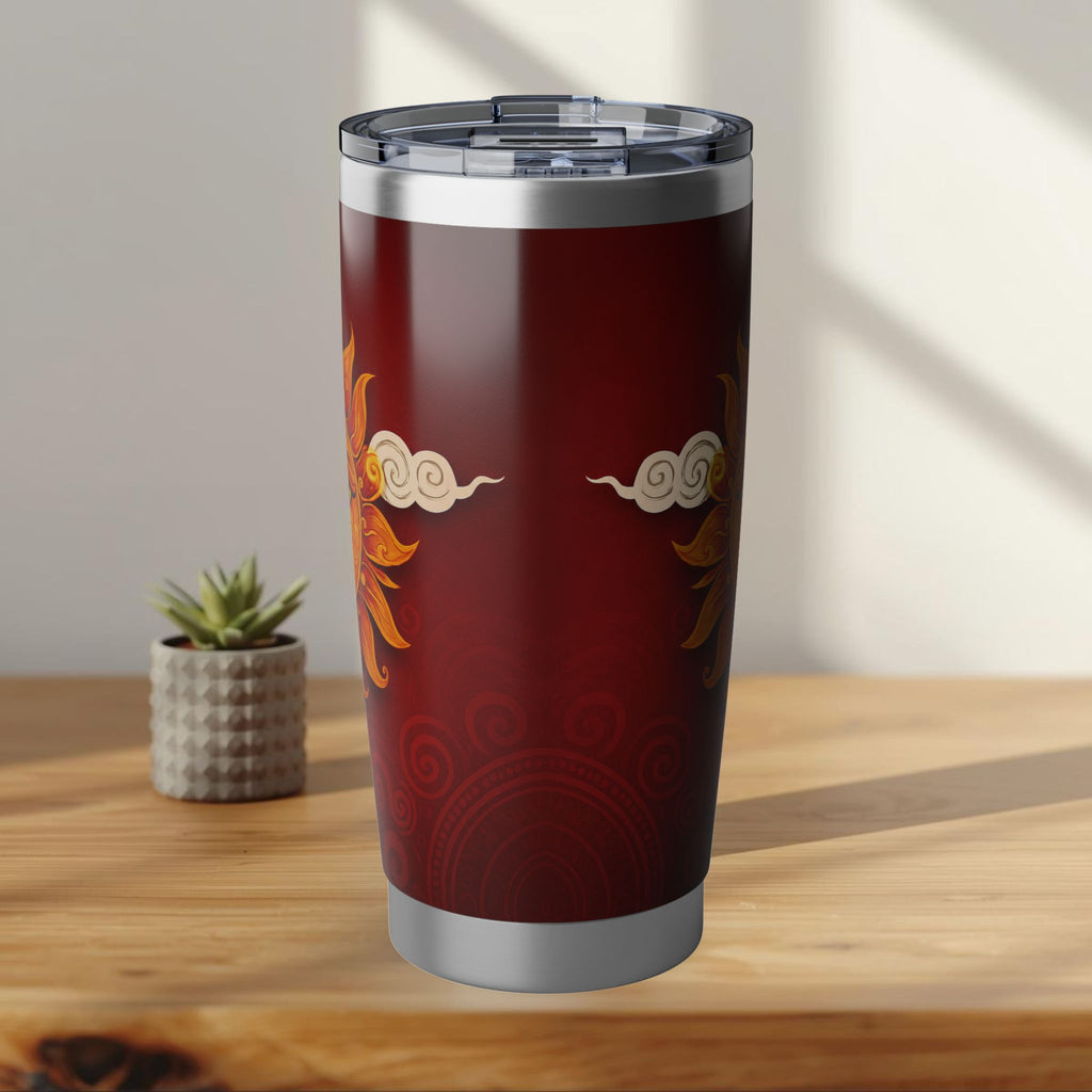 Ceylon Sun Face Tumbler Crimson & Gold Surya Design | 20oz Stainless Steel Travel Mug | Ceylon Culture Vibes