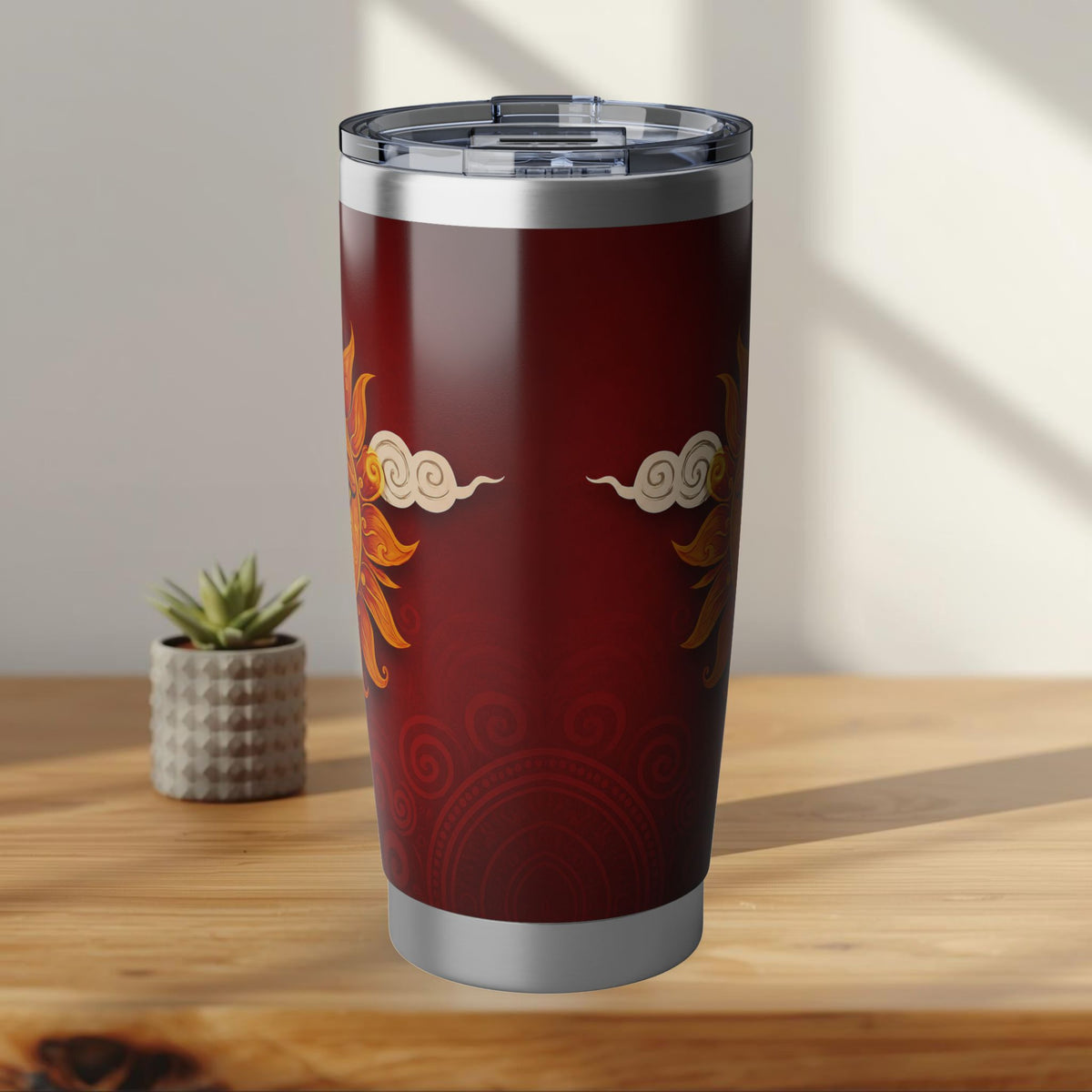 Ceylon Sun Face Tumbler Crimson & Gold Surya Design | 20oz Stainless Steel Travel Mug | Ceylon Culture Vibes