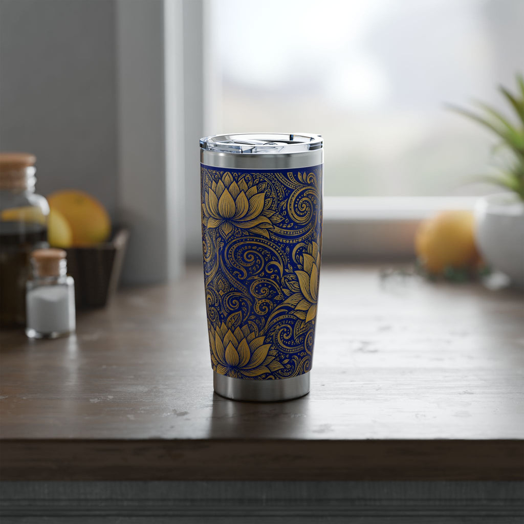 Gold Lotus Mandala Tumbler Royal Blue & Gold Sri Lankan Design | 20oz Stainless Steel Travel Cup | Ceylon Culture Vibes