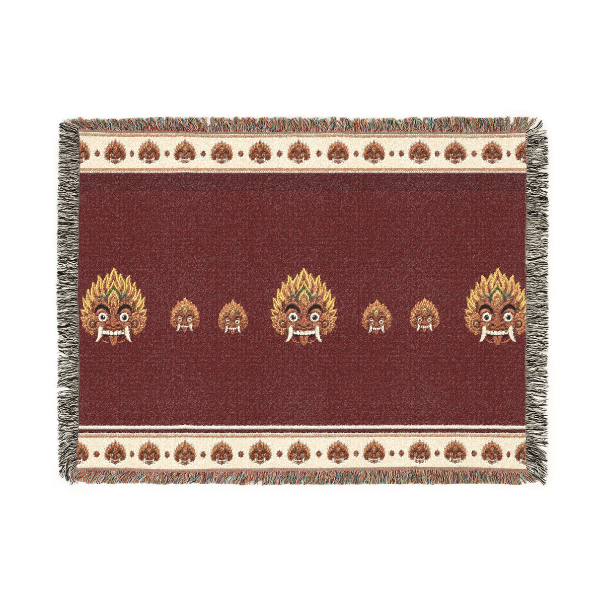 Raksha Mask Woven Throw Blanket Sri Lankan Devil Dance Heritage Fringe Blanket