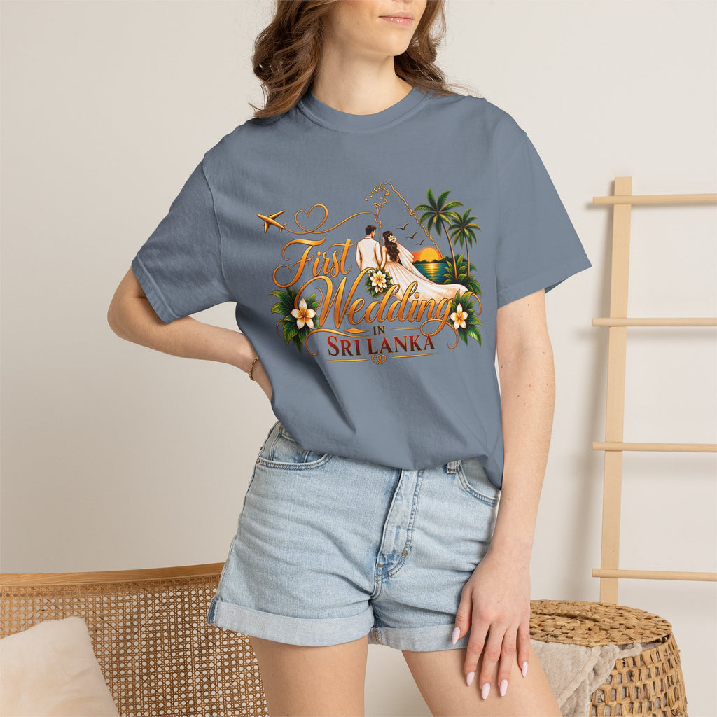 Sri Lanka Destination Wedding T-Shirt — "First Wedding Sri Lanka" Couple Tee (Roshini & Rohan 2026)