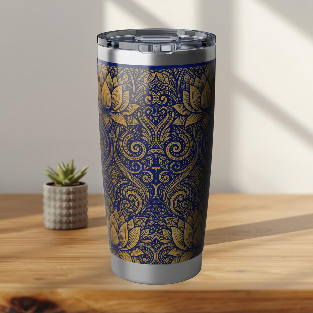 Gold Lotus Mandala Tumbler Royal Blue & Gold Sri Lankan Design | 20oz Stainless Steel Travel Cup | Ceylon Culture Vibes