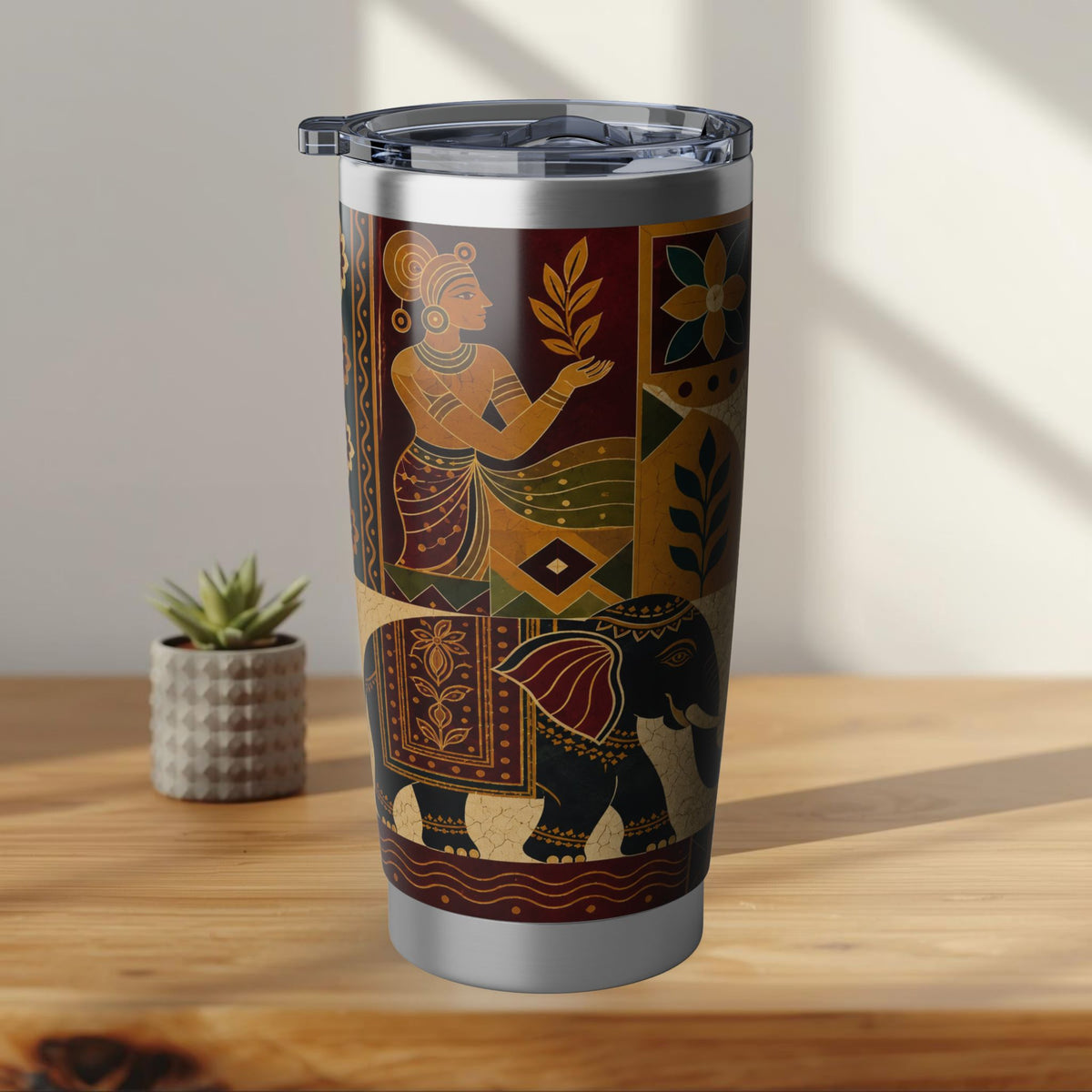 Ceylon Batik Elephant Tumbler Sri Lankan Heritage Panel Design | 20oz Stainless Steel Travel Mug | Ceylon Culture Vibes