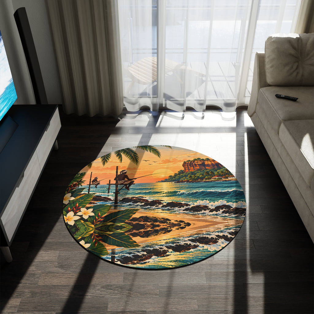 Sri Lanka Sunset Round Rug – Stilt Fisherman
