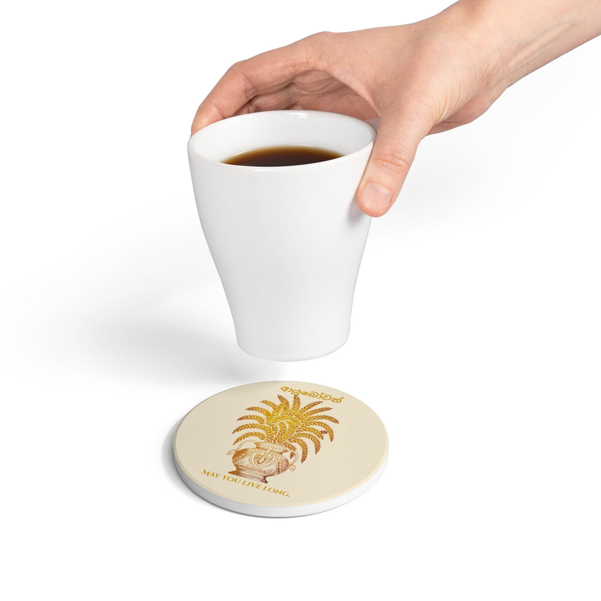 Ayubowan Punkalasa Round Ceramic Coaster Sri Lankan Gold Blessing May You Live Long Drink Coaster