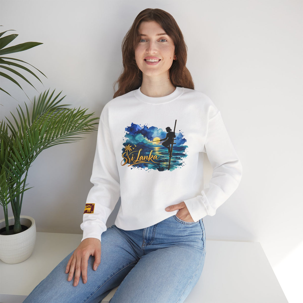 Sri Lanka Surf Crewneck Sweatshirt - Watercolor Stilt Fisherman Graphic