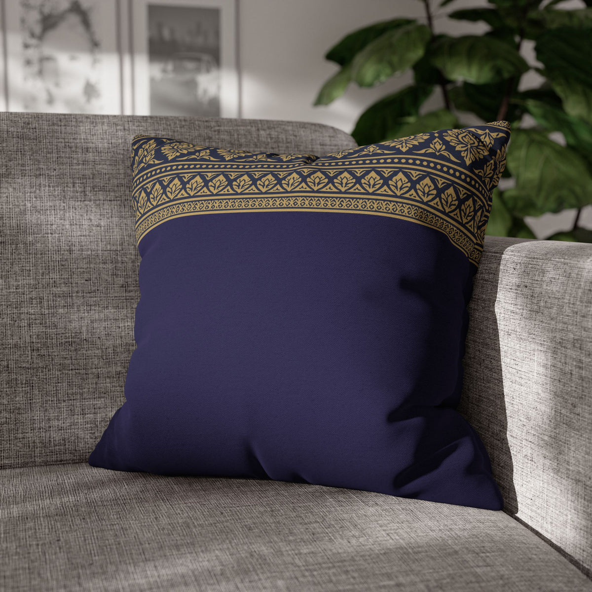Navy & Gold Border Cushion Cover Sri Lankan Gift Pillowcase