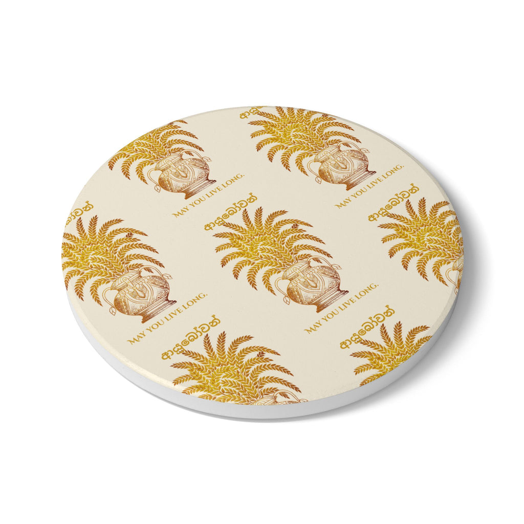 Ayubowan Ceramic Coaster Sri Lankan Punkalasa Gold Blessing Repeat Pattern Drink Coaster
