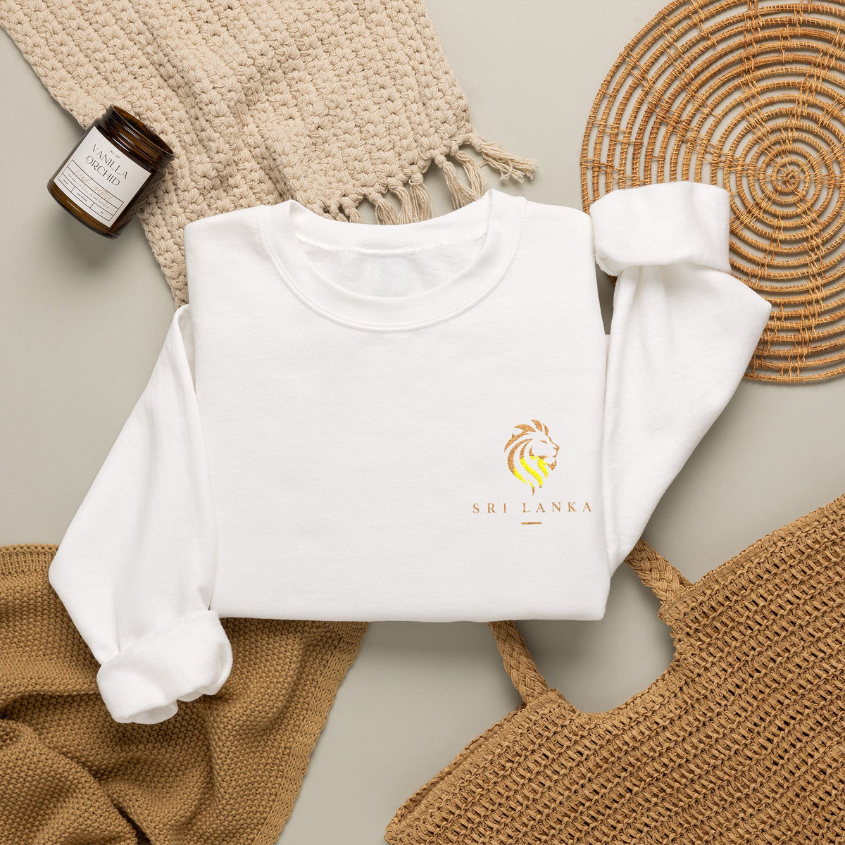 Embroideredlion face srilanka flag Minimal Palm Crest Sweatshirt — Small Tropical Logo Crewneck