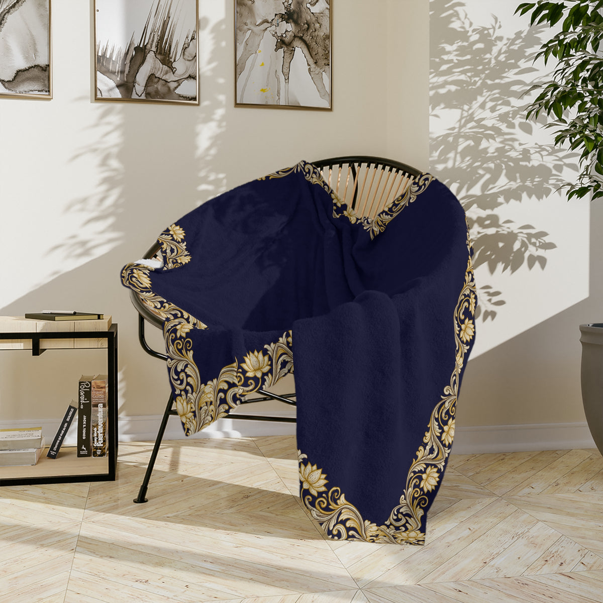 Navy & Gold Ornate Border Velveteen Microfiber Blanket