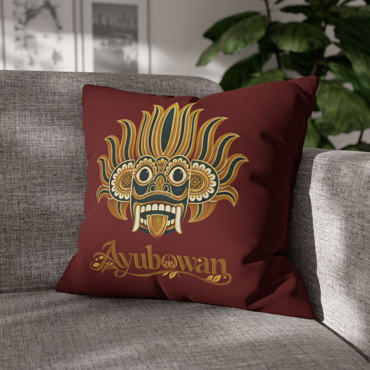 Ayubowan Mask Cushion Cover Maroon Sri Lankan Gift Pillowcase