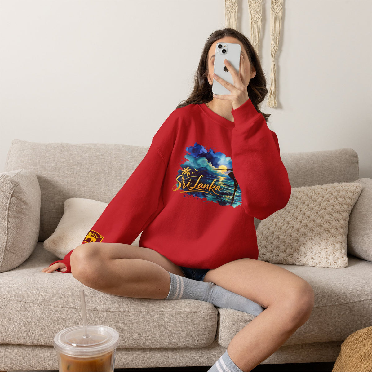 Sri Lanka Surf Crewneck Sweatshirt - Watercolor Stilt Fisherman Graphic