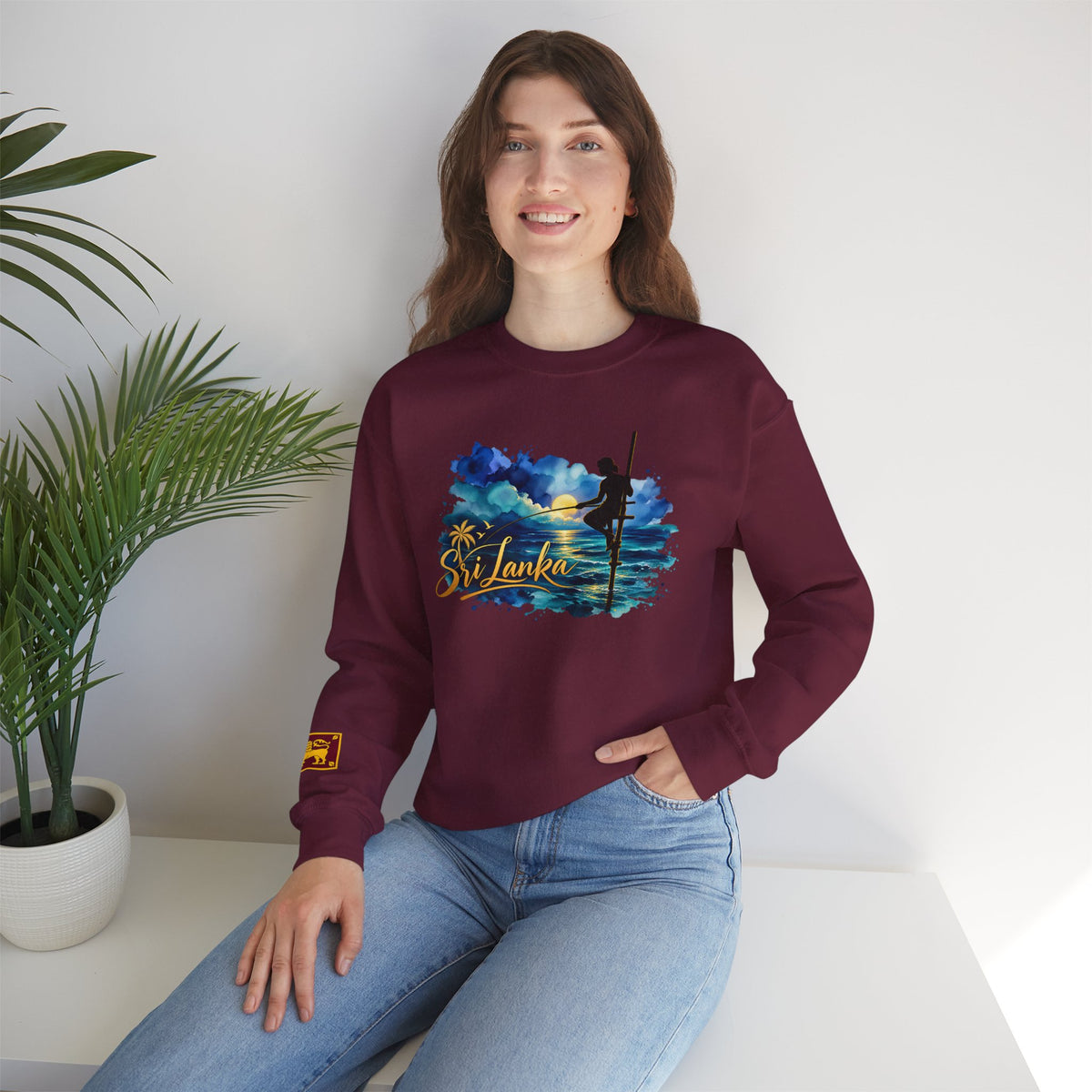 Sri Lanka Surf Crewneck Sweatshirt - Watercolor Stilt Fisherman Graphic