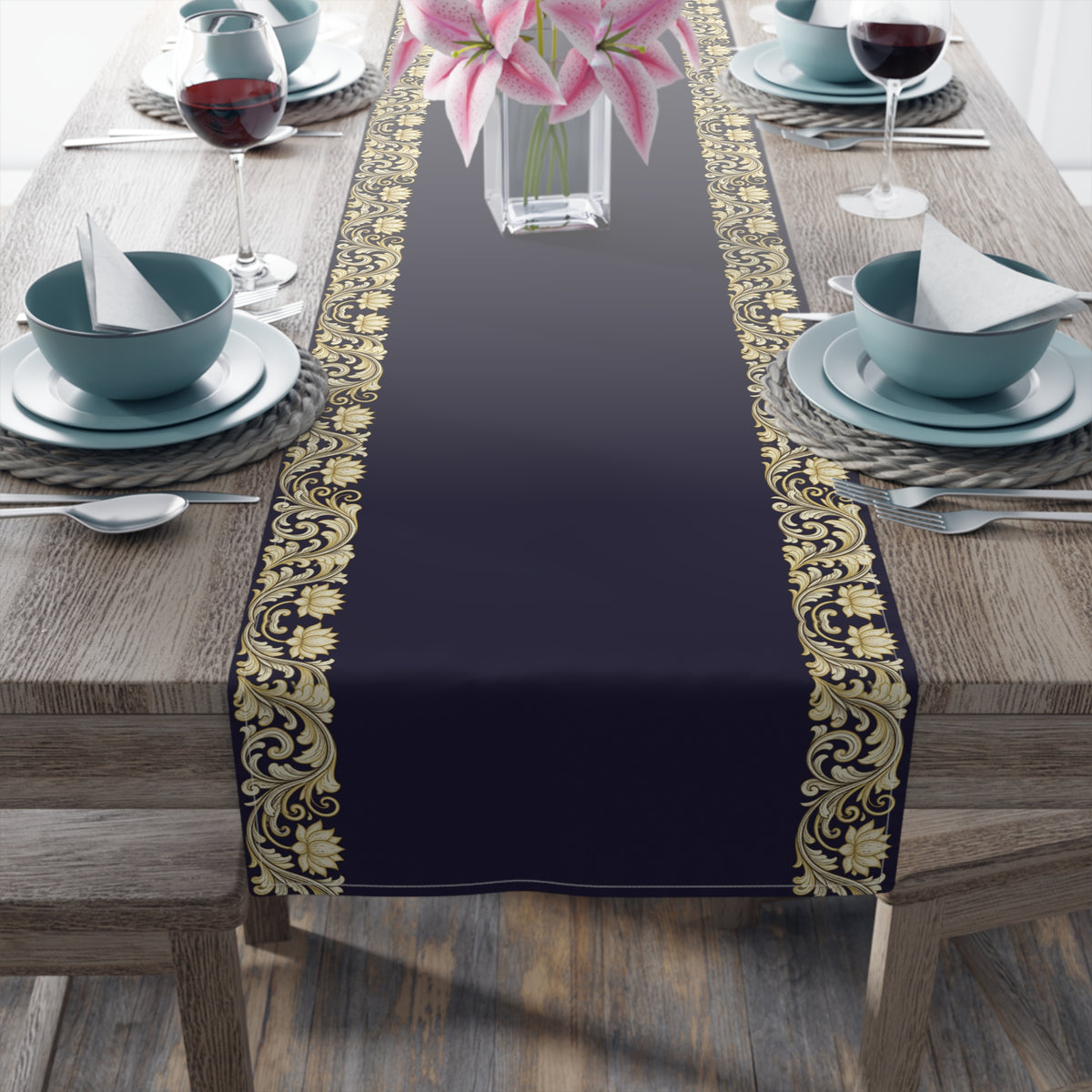 Navy & Gold Baroque Table Runner | Elegant Dining Décor