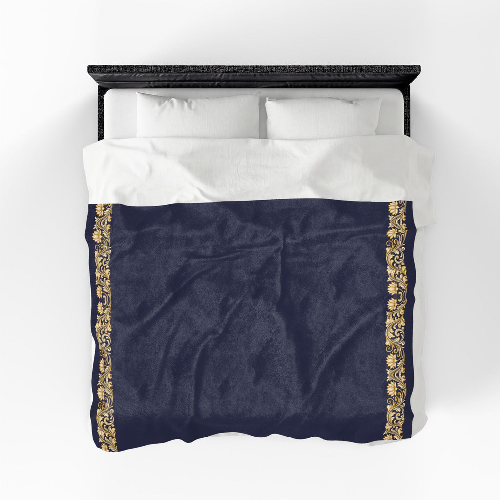 Navy & Gold Floral Border Velveteen Plush Blanket
