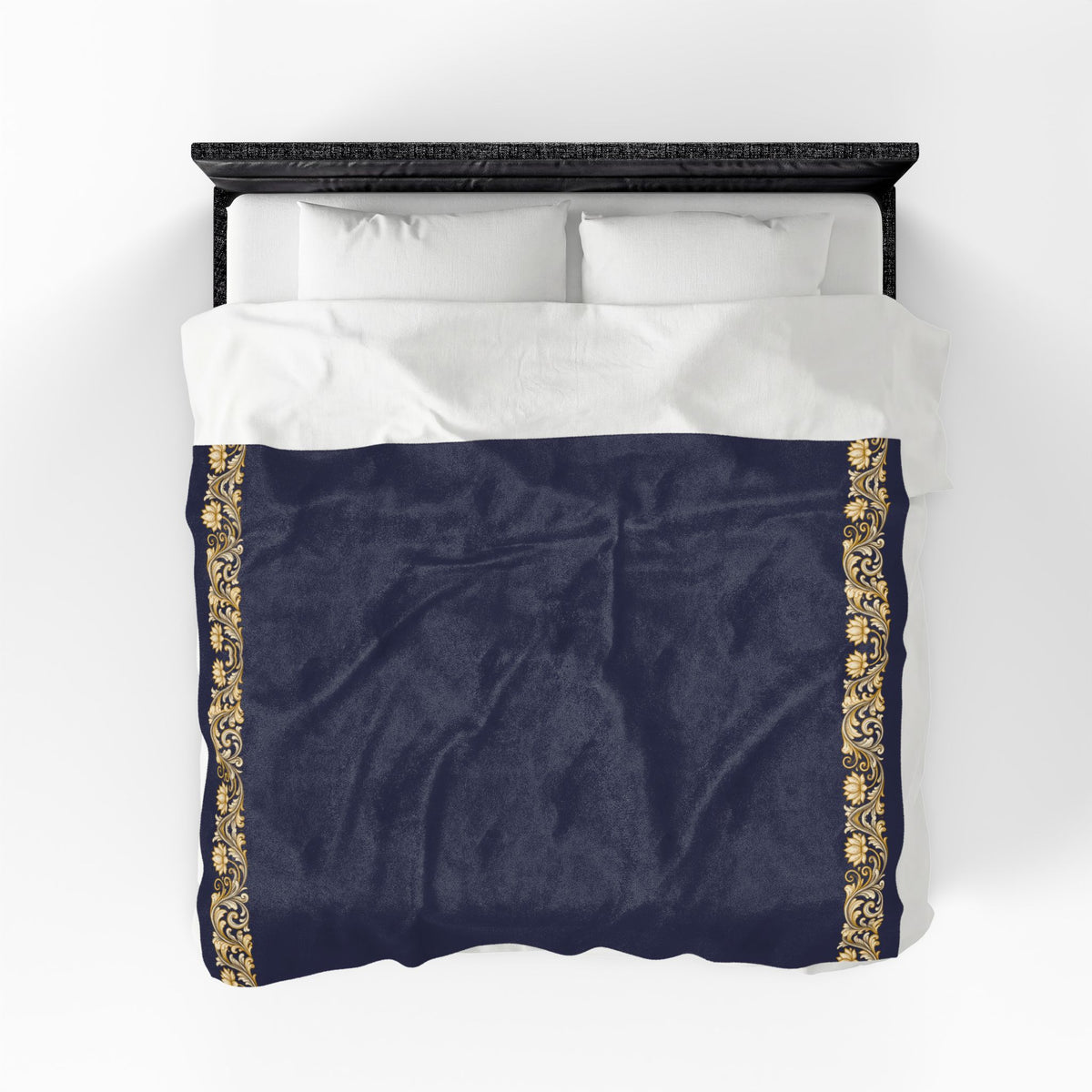 Navy & Gold Floral Border Velveteen Plush Blanket
