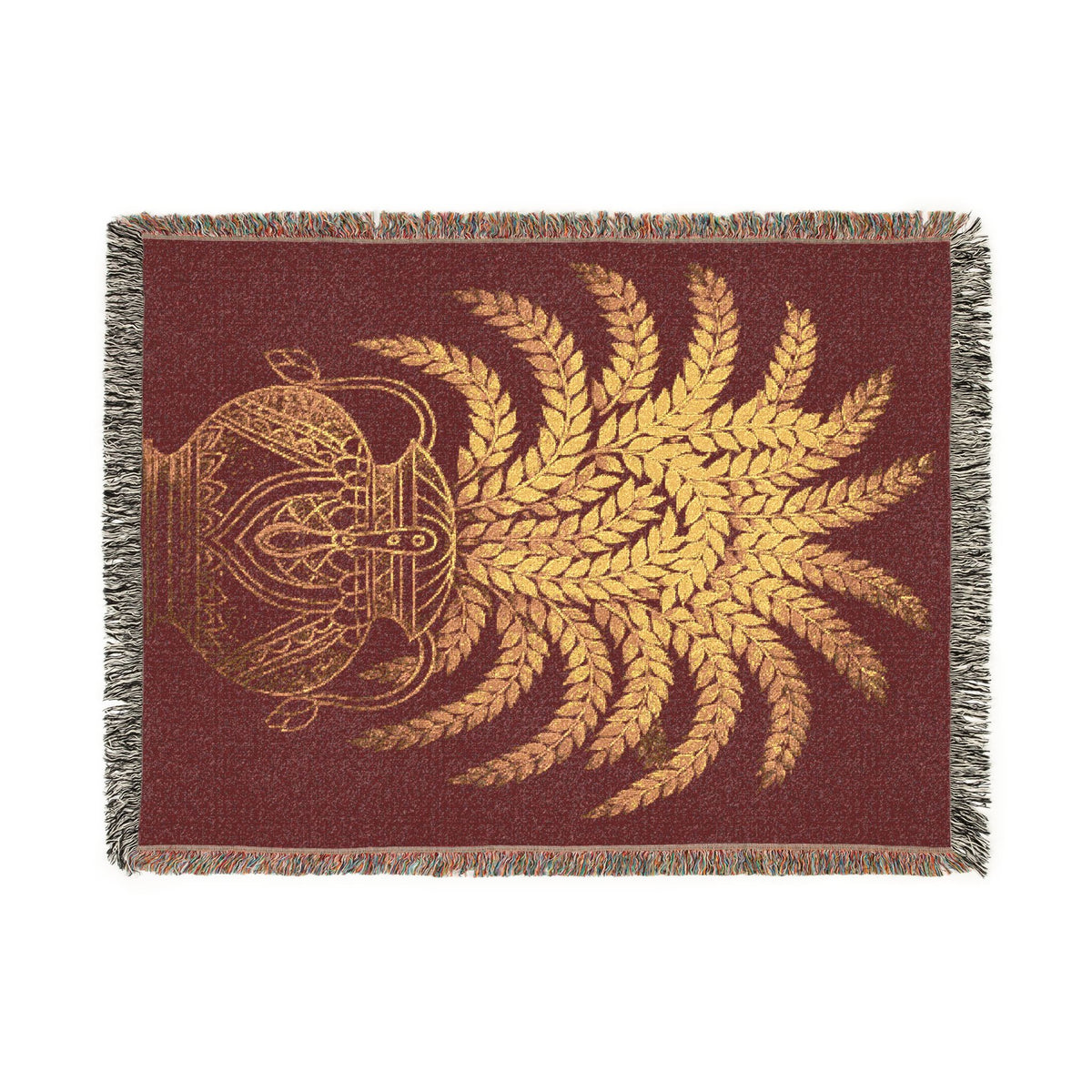 Punkalasa Woven Throw Blanket Sri Lankan Heritage Burgundy Gold Cotton Fringe Blanket
