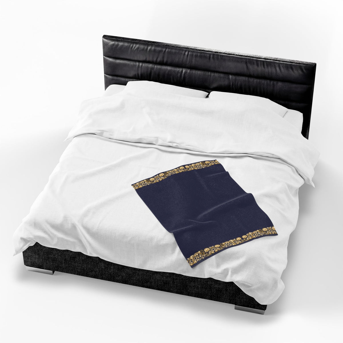 Navy & Gold Floral Border Velveteen Plush Blanket