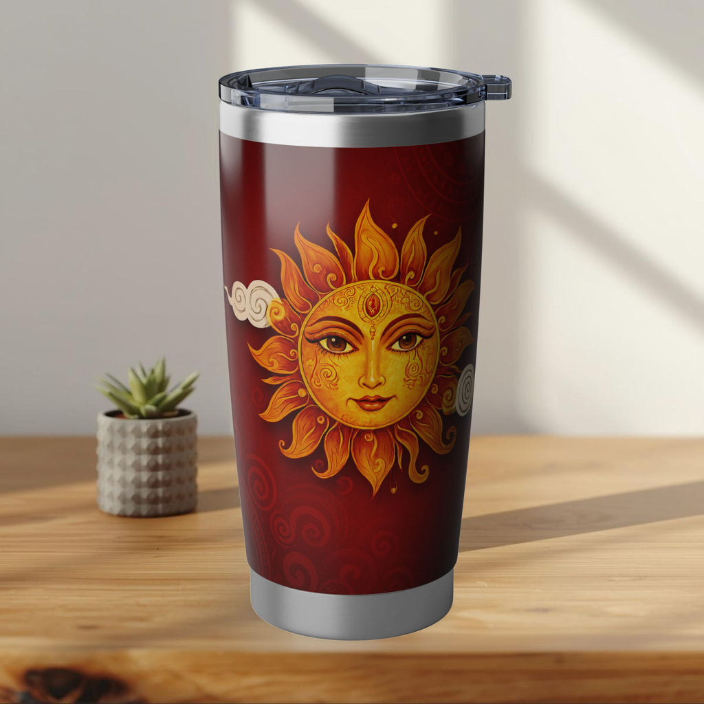 Ceylon Sun Face Tumbler Crimson & Gold Surya Design | 20oz Stainless Steel Travel Mug | Ceylon Culture Vibes