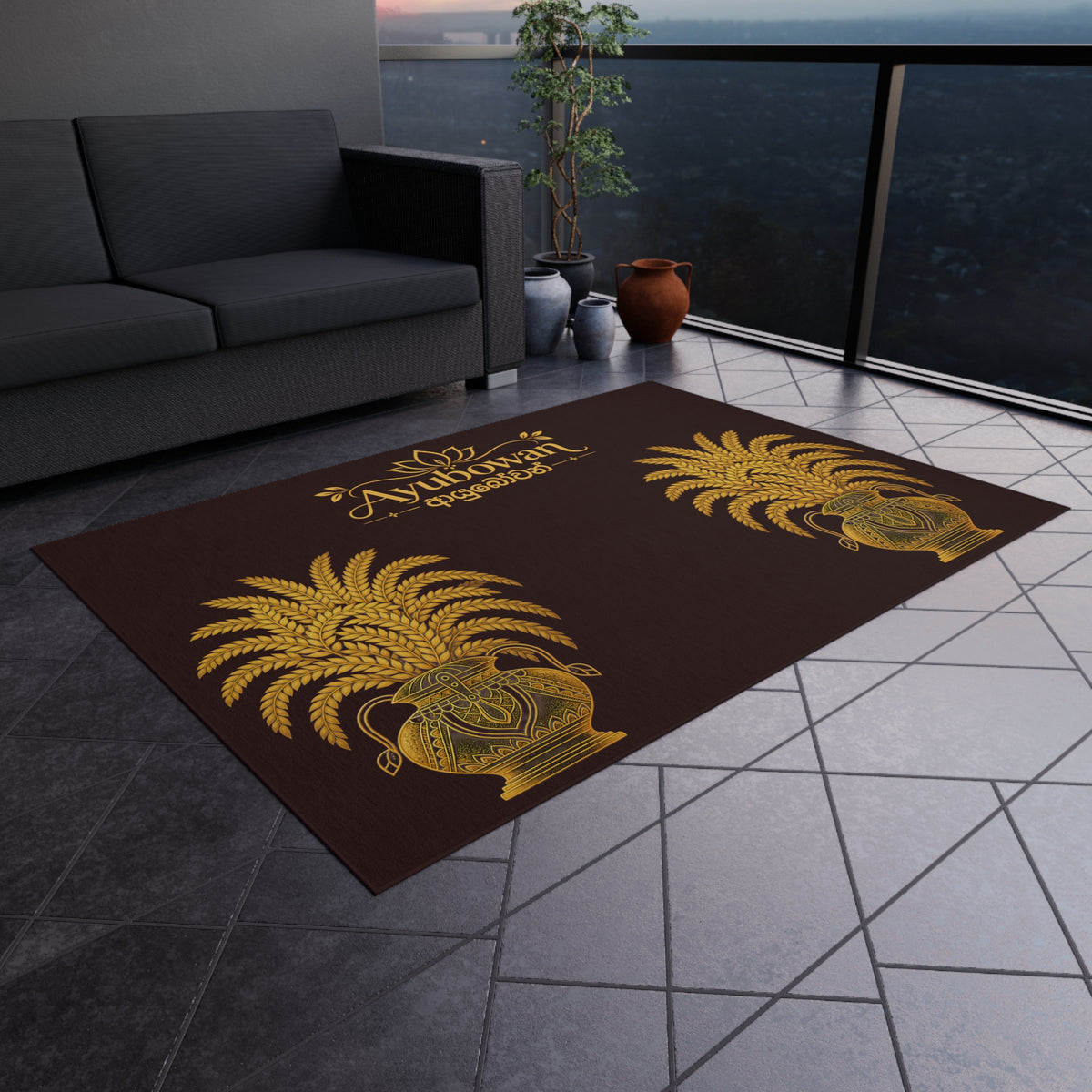 Ayubowan Welcome Rug Sri Lankan Punkalasa Ceremonial Pot Gold Heritage Floor Mat