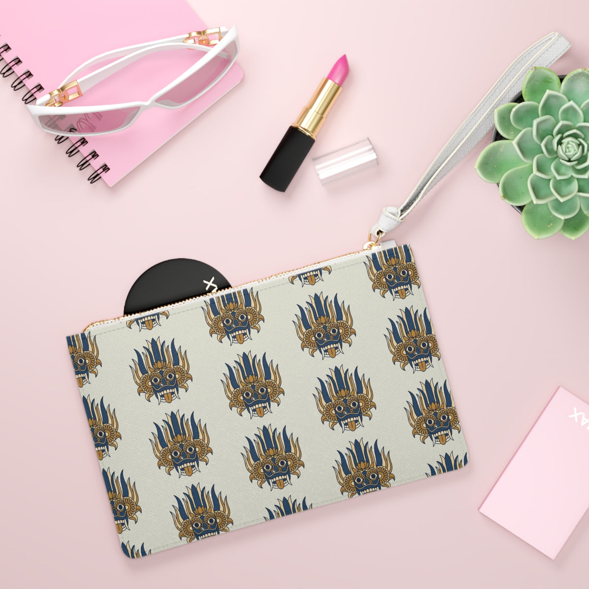 Sri Lankan Raksha Mask Clutch Bag Navy & Gold Wristlet