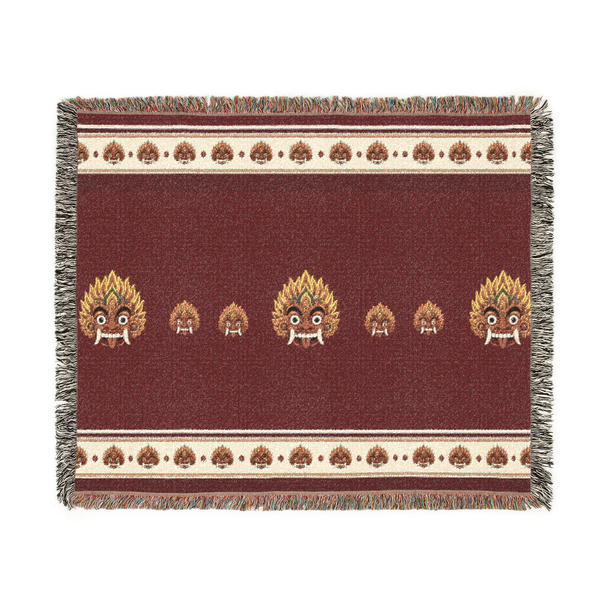 Raksha Mask Woven Throw Blanket Sri Lankan Devil Dance Heritage Fringe Blanket