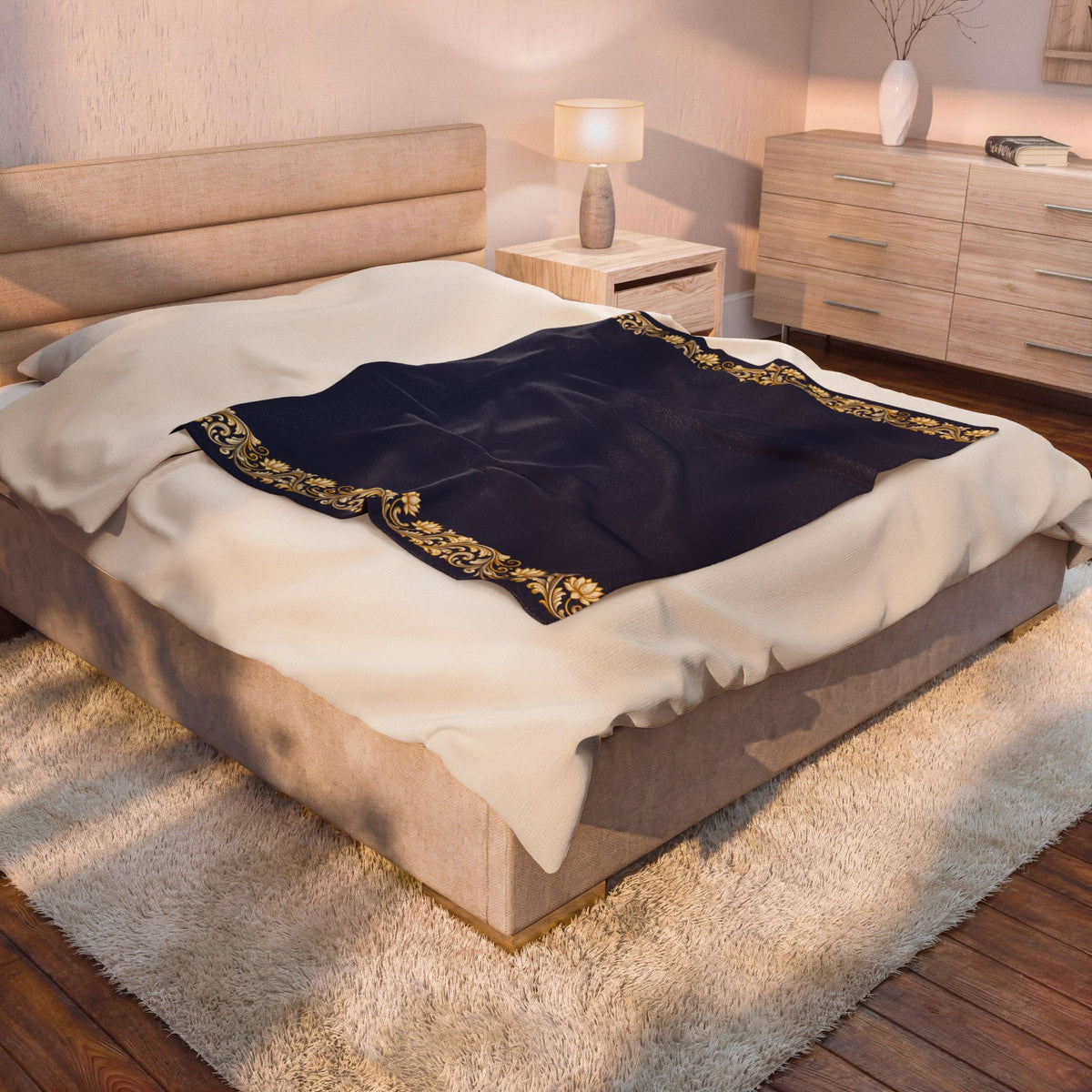 Navy & Gold Floral Border Velveteen Plush Blanket