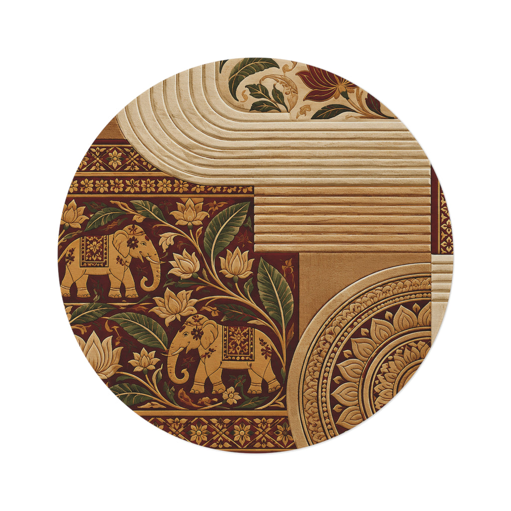 Sri Lankan Elephant Round Rug | Burgundy & Gold Heritage