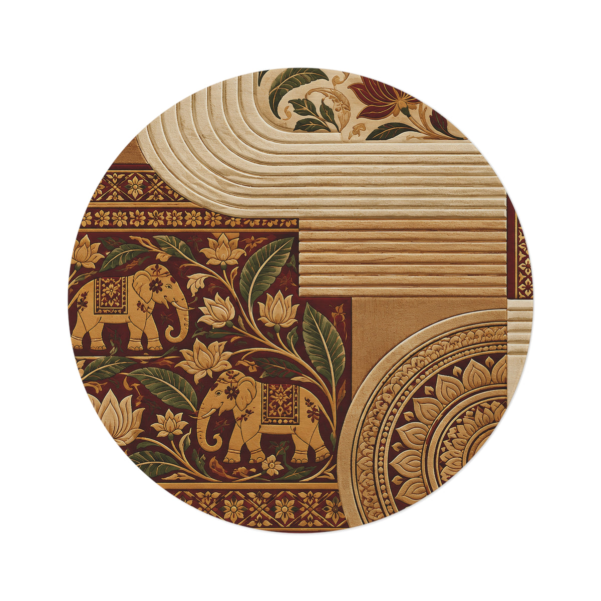 Sri Lankan Elephant Round Rug | Burgundy & Gold Heritage