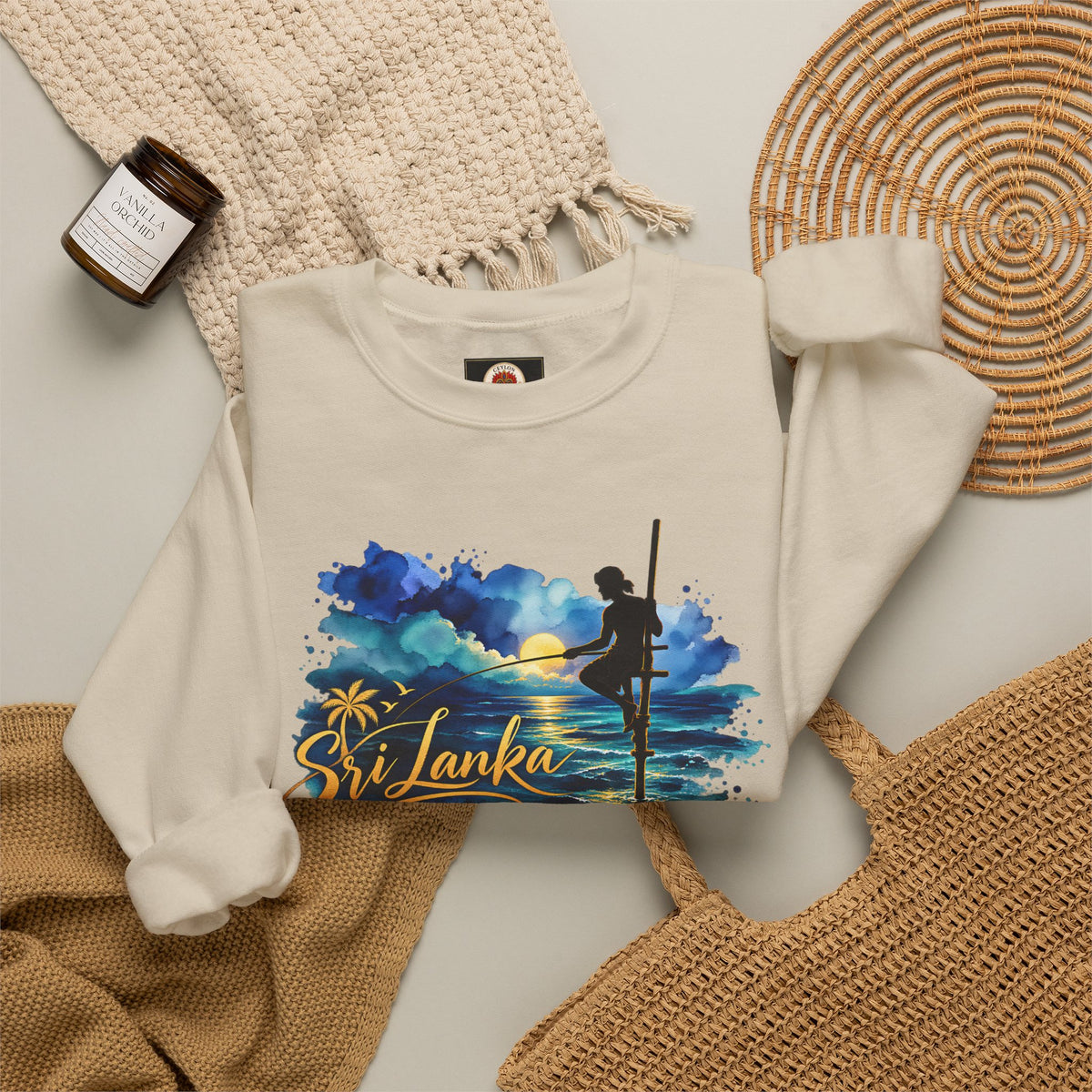 Sri Lanka Surf Crewneck Sweatshirt - Watercolor Stilt Fisherman Graphic